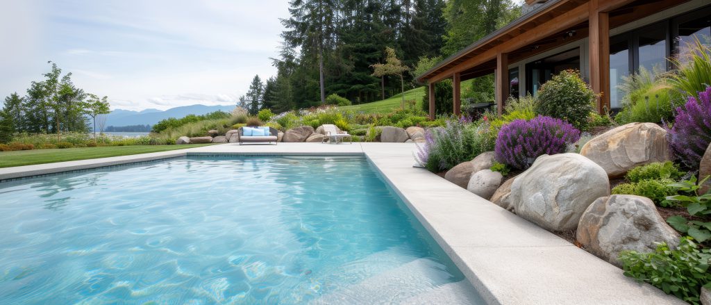 Modern rectangle swimming pool with white pebble finish.