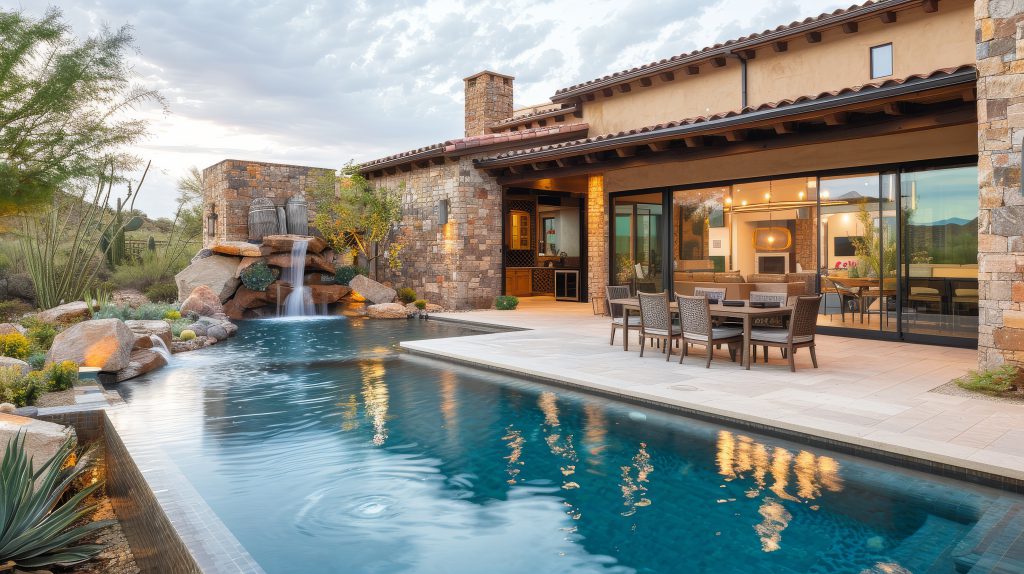 Custom Swimming Pool with rock waterfall. Modern yet tied into the landscape.