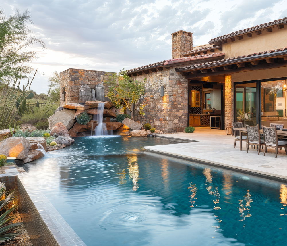 Custom Swimming Pool with rock waterfall. Modern yet tied into the landscape.